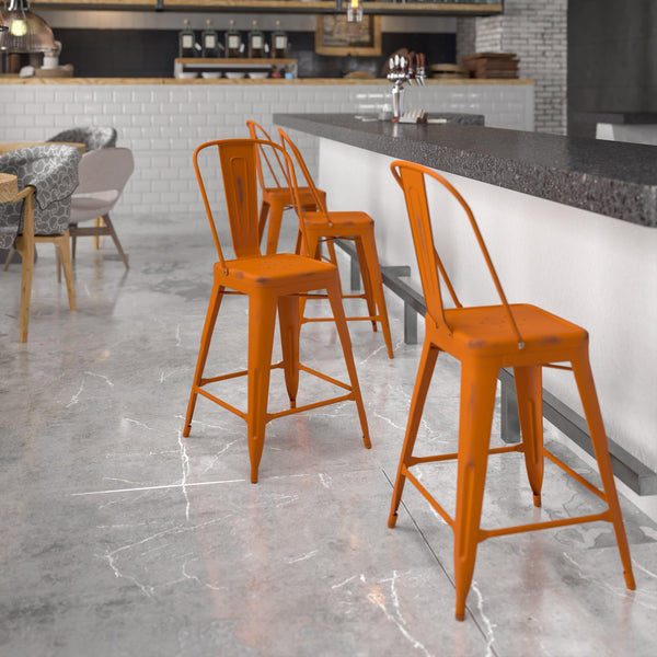 Orange |#| 24inch High Distressed Orange Metal Indoor-Outdoor Counter Height Stool with Back