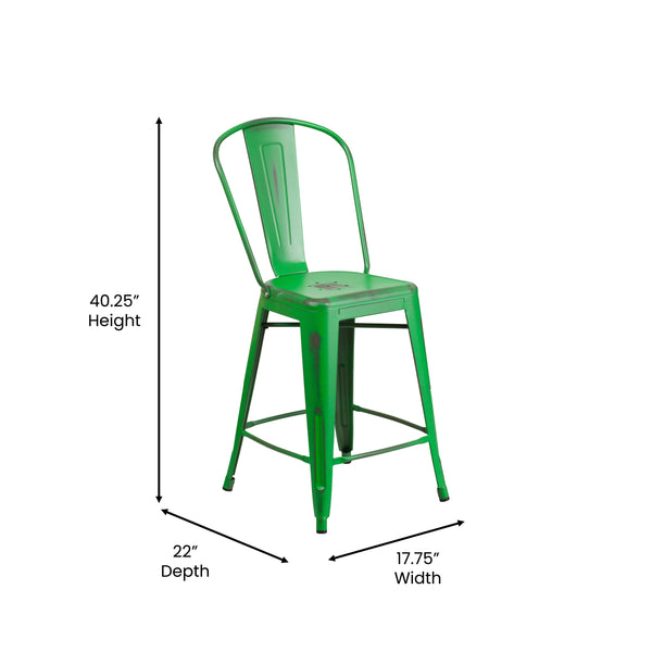 Green |#| 24inch High Distressed Green Metal Indoor-Outdoor Counter Height Stool with Back