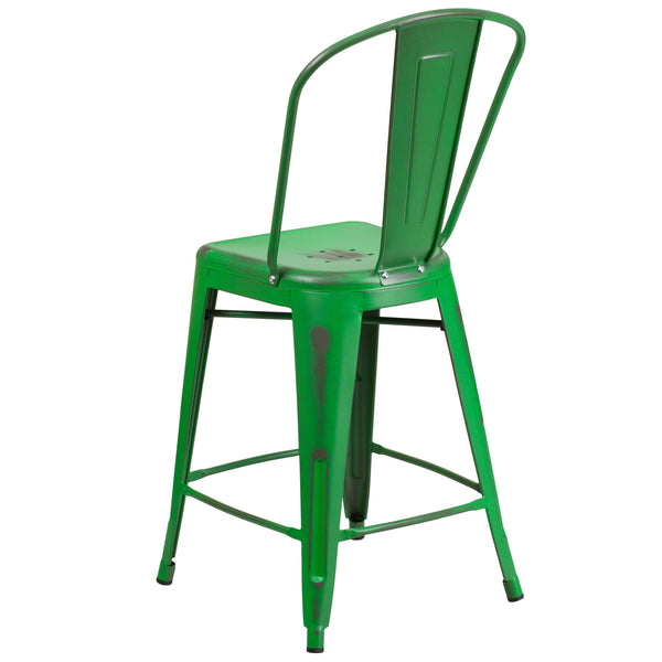 Green |#| 24inch High Distressed Green Metal Indoor-Outdoor Counter Height Stool with Back