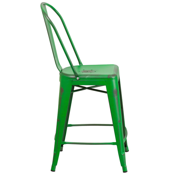 Green |#| 24inch High Distressed Green Metal Indoor-Outdoor Counter Height Stool with Back