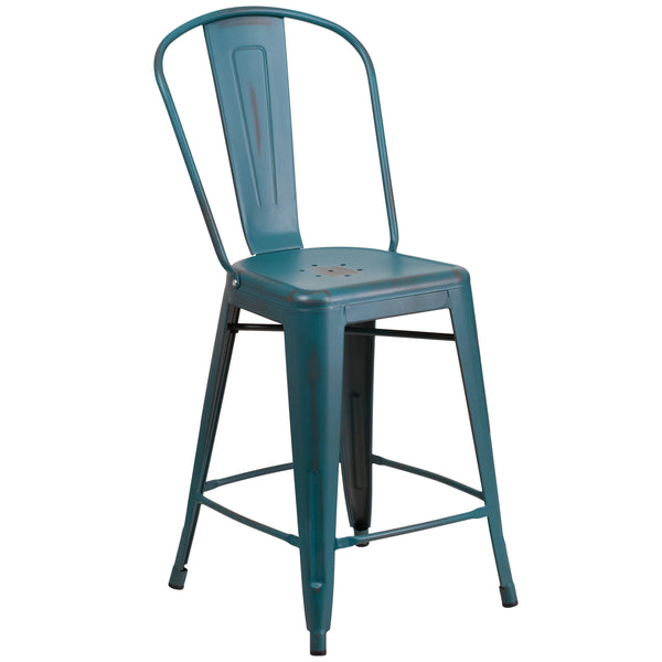 Kelly Blue-Teal |#| 24inch High Distressed Blue-Teal Metal Indoor-Outdoor Counter Height Stool w/ Back