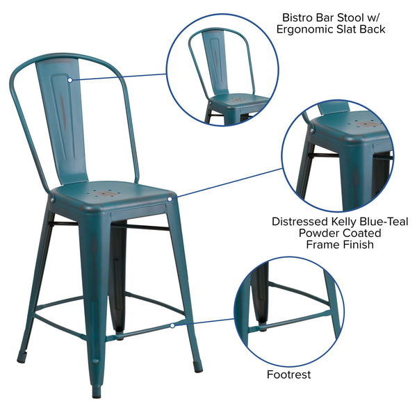 Kelly Blue-Teal |#| 24inch High Distressed Blue-Teal Metal Indoor-Outdoor Counter Height Stool w/ Back