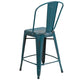 Kelly Blue-Teal |#| 24inch High Distressed Blue-Teal Metal Indoor-Outdoor Counter Height Stool w/ Back