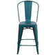 Kelly Blue-Teal |#| 24inch High Distressed Blue-Teal Metal Indoor-Outdoor Counter Height Stool w/ Back