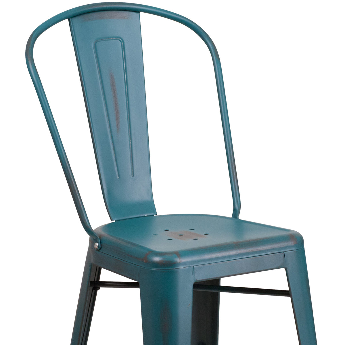 Kelly Blue-Teal |#| 24inch High Distressed Blue-Teal Metal Indoor-Outdoor Counter Height Stool w/ Back