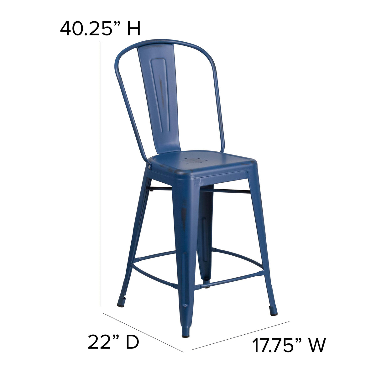 Antique Blue |#| 24inch High Distressed Aged Blue Metal Indoor-Outdoor Counter Height Stool w/ Back