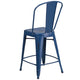 Antique Blue |#| 24inch High Distressed Aged Blue Metal Indoor-Outdoor Counter Height Stool w/ Back