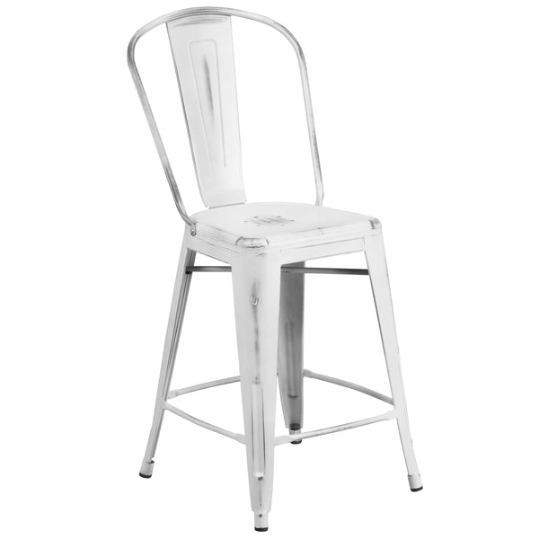 White |#| 24inch High Distressed White Metal Indoor-Outdoor Counter Height Stool with Back