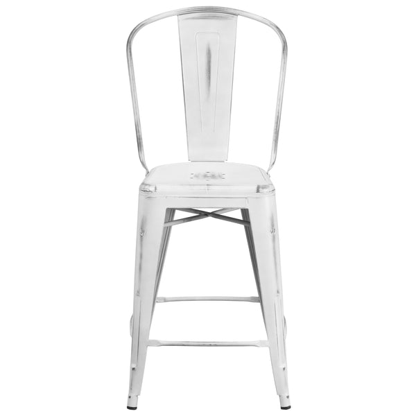 White |#| 24inch High Distressed White Metal Indoor-Outdoor Counter Height Stool with Back