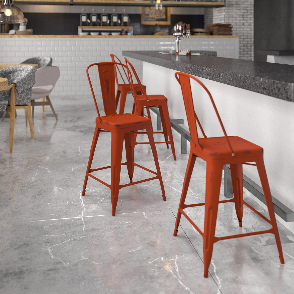 Kelly Red |#| 24inch High Distressed Kelly Red Metal Indoor-Outdoor Counter Height Stool w/ Back