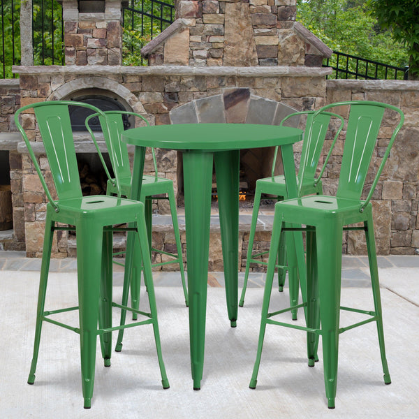 Green |#| 30inch Round Green Metal Indoor-Outdoor Bar Table Set with 4 Cafe Stools