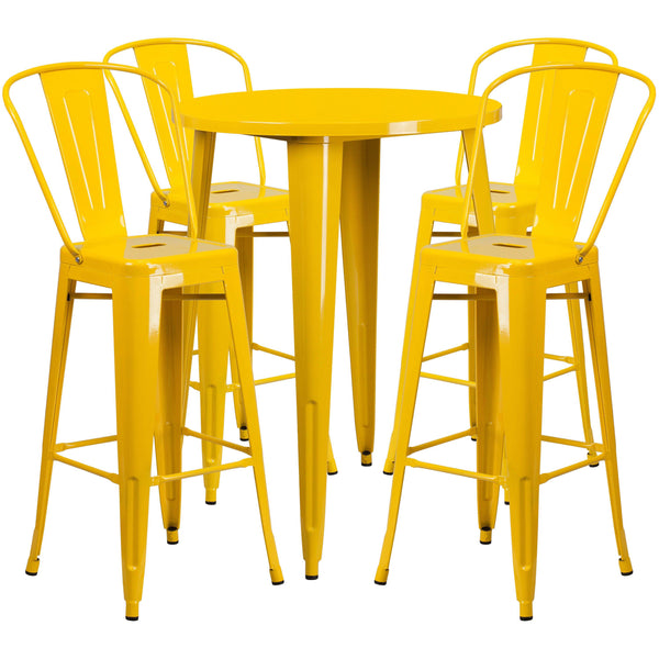 Yellow |#| 30inch Round Yellow Metal Indoor-Outdoor Bar Table Set with 4 Cafe Stools