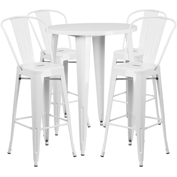 White |#| 30inch Round White Metal Indoor-Outdoor Bar Table Set with 4 Cafe Stools