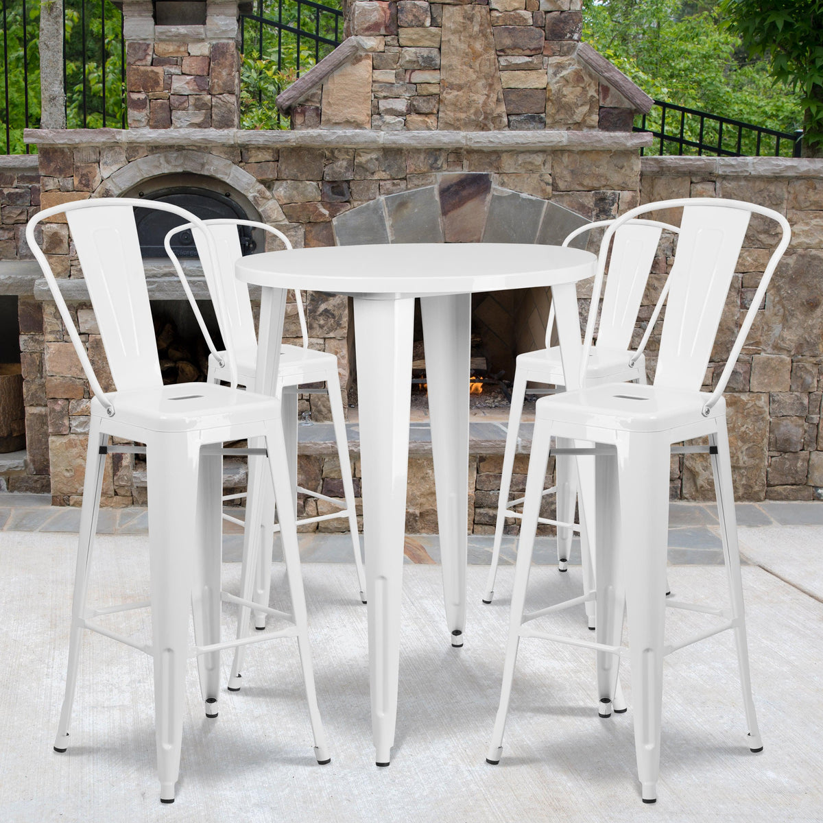 White |#| 30inch Round White Metal Indoor-Outdoor Bar Table Set with 4 Cafe Stools