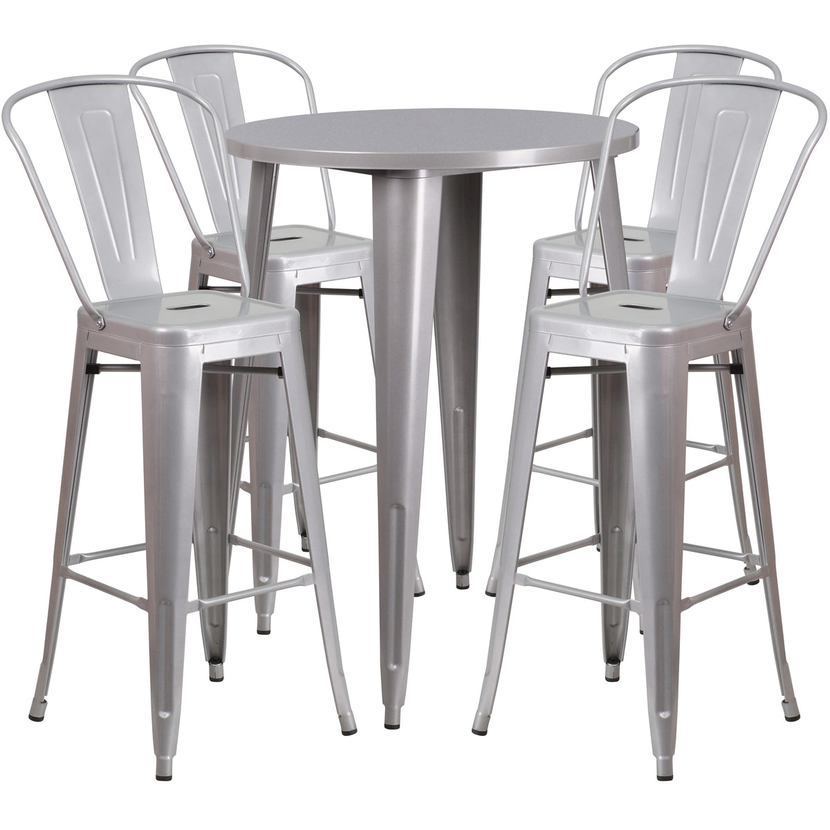 Silver |#| 30inch Round Silver Metal Indoor-Outdoor Bar Table Set with 4 Cafe Stools