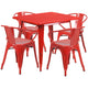 Red |#| 31.5inch Square Red Metal Indoor-Outdoor Table Set with 4 Arm Chairs