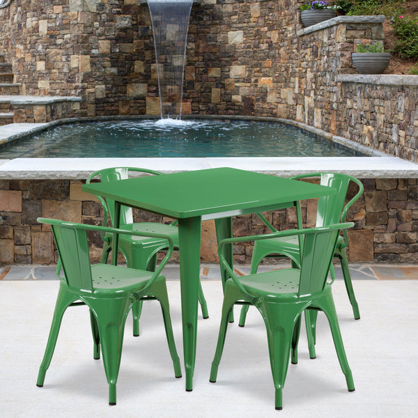 Green |#| 31.5inch Square Green Metal Indoor-Outdoor Table Set with 4 Arm Chairs