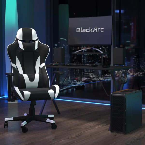 Black |#| Black/White Reclining Gaming Chair with Footrest & Black Desk with Monitor Stand