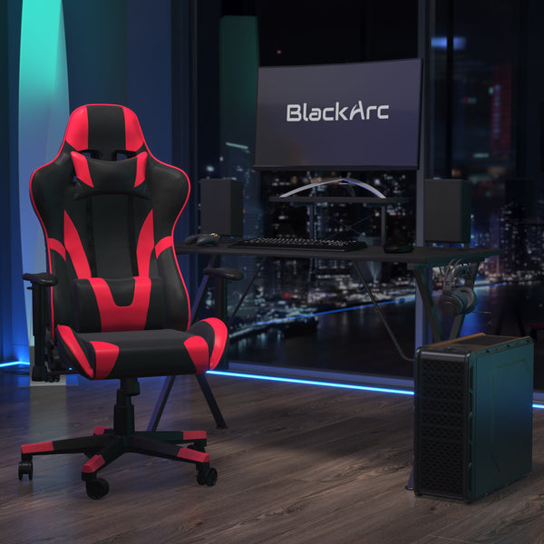 Red |#| Black/Red Reclining Gaming Chair with Footrest & Black Desk with Monitor Stand