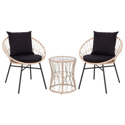 Devon 3-Piece Indoor/Outdoor Bistro Set, Papasan Style Rattan Rope Chairs, Glass Top Side Table & Cushions - View 1