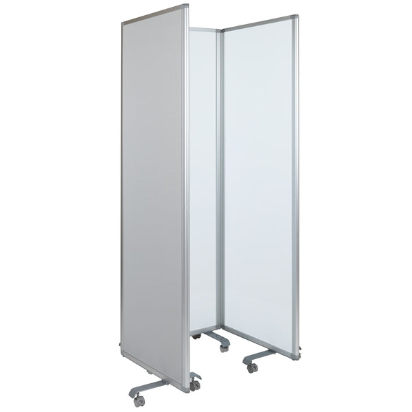 White/Gray |#| Mobile Whiteboard/Cloth 3 Section Partition with Locking Casters, 72inchH x 24inchW