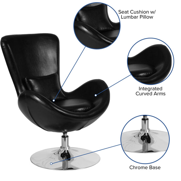 Black LeatherSoft |#| Black LeatherSoft Swivel Side Reception Chair with Bowed Seat - Guest Seating