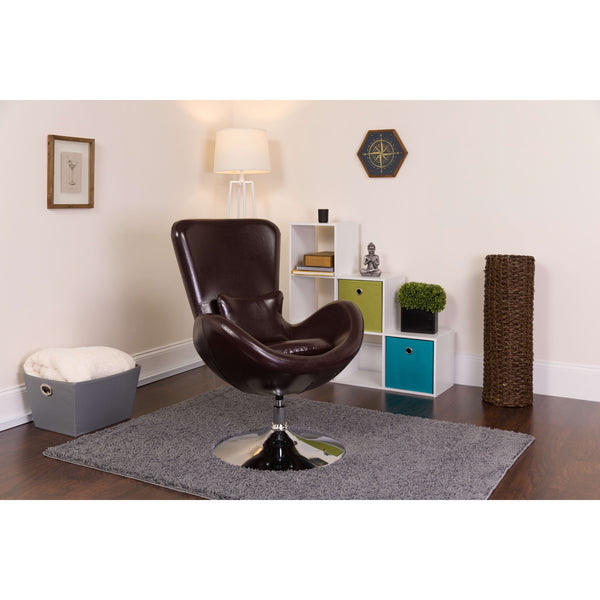 Brown LeatherSoft |#| Brown LeatherSoft Swivel Side Reception Chair with Bowed Seat - Guest Seating