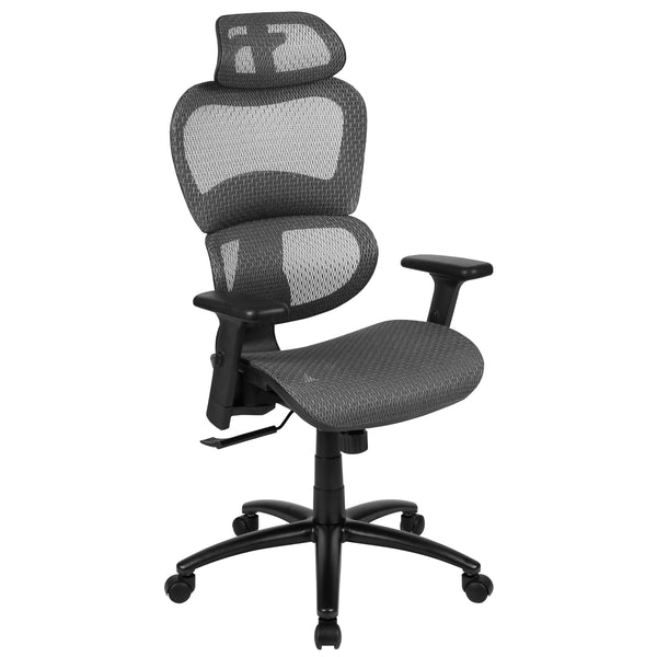 Gray |#| Ergonomic Gray Mesh Office Chair-Synchro-Tilt, Headrest, Adjustable Pivot Arms