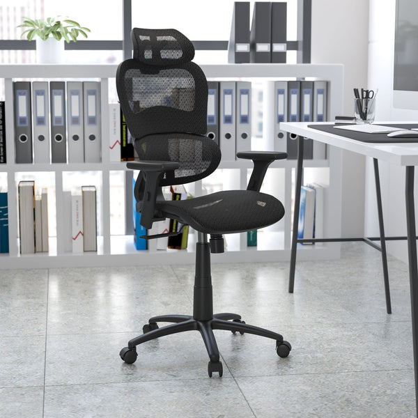 Black |#| Ergonomic Black Mesh Office Chair-Synchro-Tilt, Headrest, Adjustable Pivot Arms