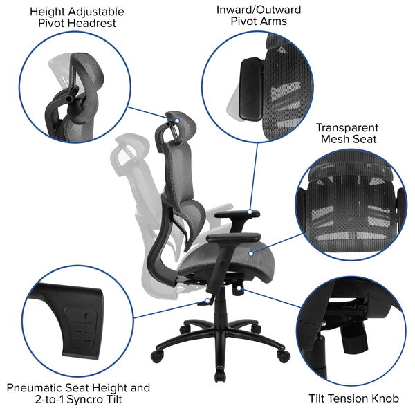 Gray |#| Ergonomic Gray Mesh Office Chair-Synchro-Tilt, Headrest, Adjustable Pivot Arms