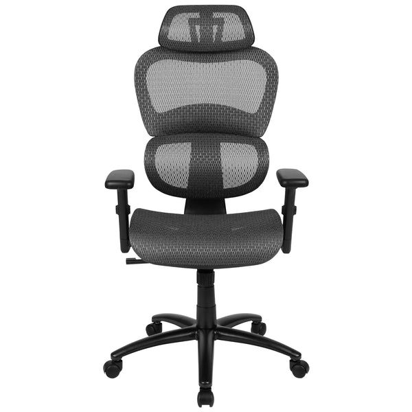 Gray |#| Ergonomic Gray Mesh Office Chair-Synchro-Tilt, Headrest, Adjustable Pivot Arms