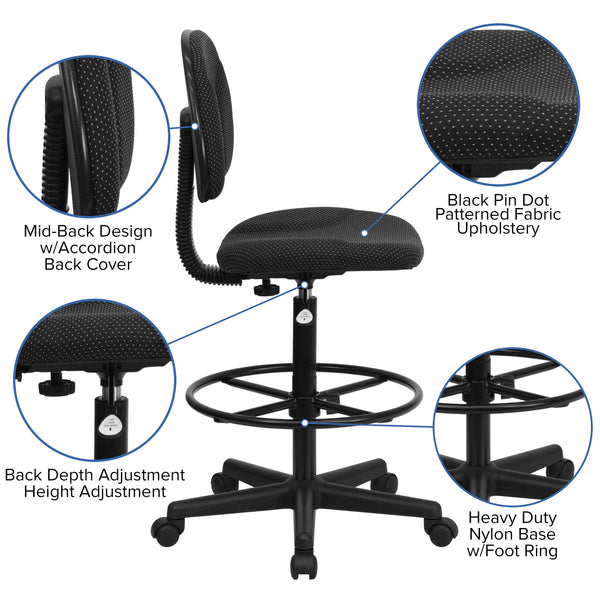 Black Patterned |#| Black Patterned Fabric Drafting Chair with Adjustable Height and Foot Ring