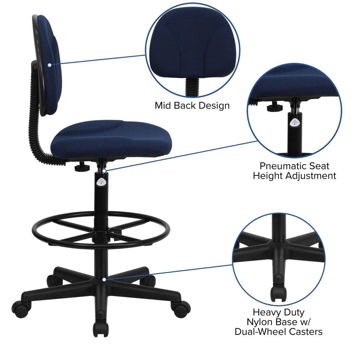 Navy Blue Patterned |#| Navy Blue Patterned Fabric Drafting Chair with Adjustable Height and Foot Ring