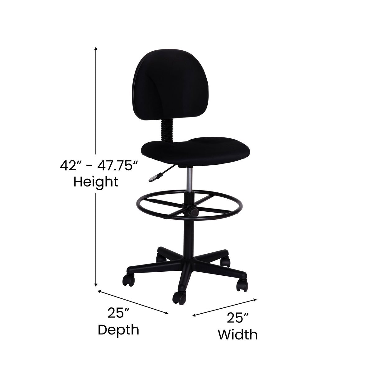 Black |#| Black Fabric Drafting Chair (Cylinders: 22.5inch-27inchH or 26inch-30.5inchH)