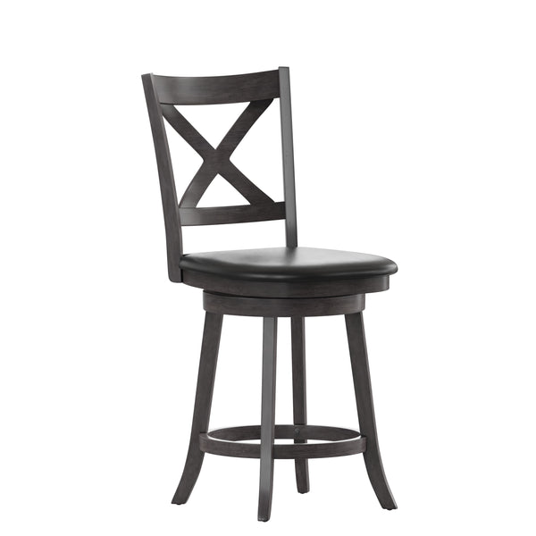 Black Vinyl/Gray Wash Walnut Frame |#| Commercial Wooden Swivel Counter Stools - Gray Wash Walnut/Black LeatherSoft