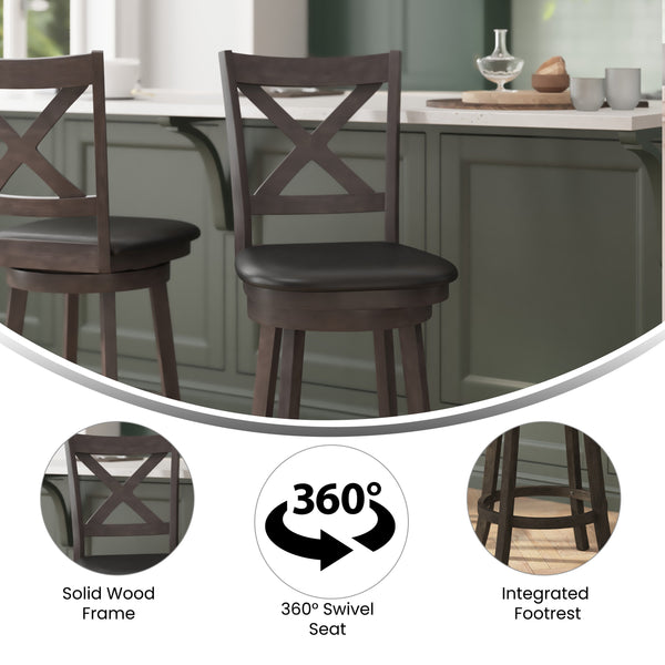 Black Vinyl/Gray Wash Walnut Frame |#| Commercial Wooden Swivel Counter Stools - Gray Wash Walnut/Black LeatherSoft