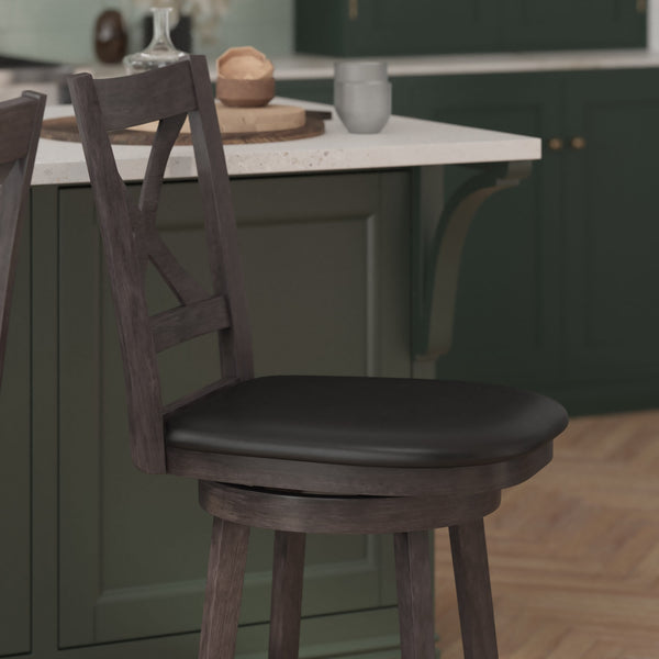 Black Vinyl/Gray Wash Walnut Frame |#| Commercial Wooden Swivel Counter Stools - Gray Wash Walnut/Black LeatherSoft