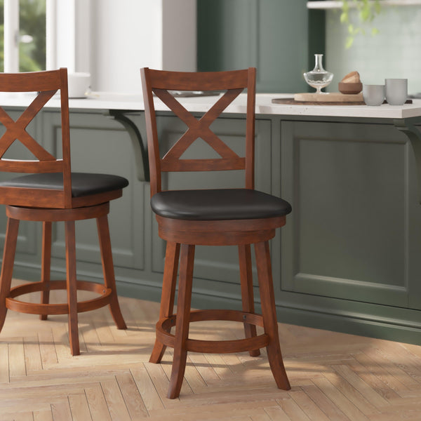 Black Vinyl/Antique Oak Frame |#| Commercial Wooden Swivel Counter Stools - Antique Oak/Black LeatherSoft