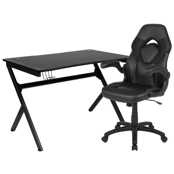 Black |#| Black/Black Gaming Desk Bundle - Cup/Headphone Holders, Wire Management