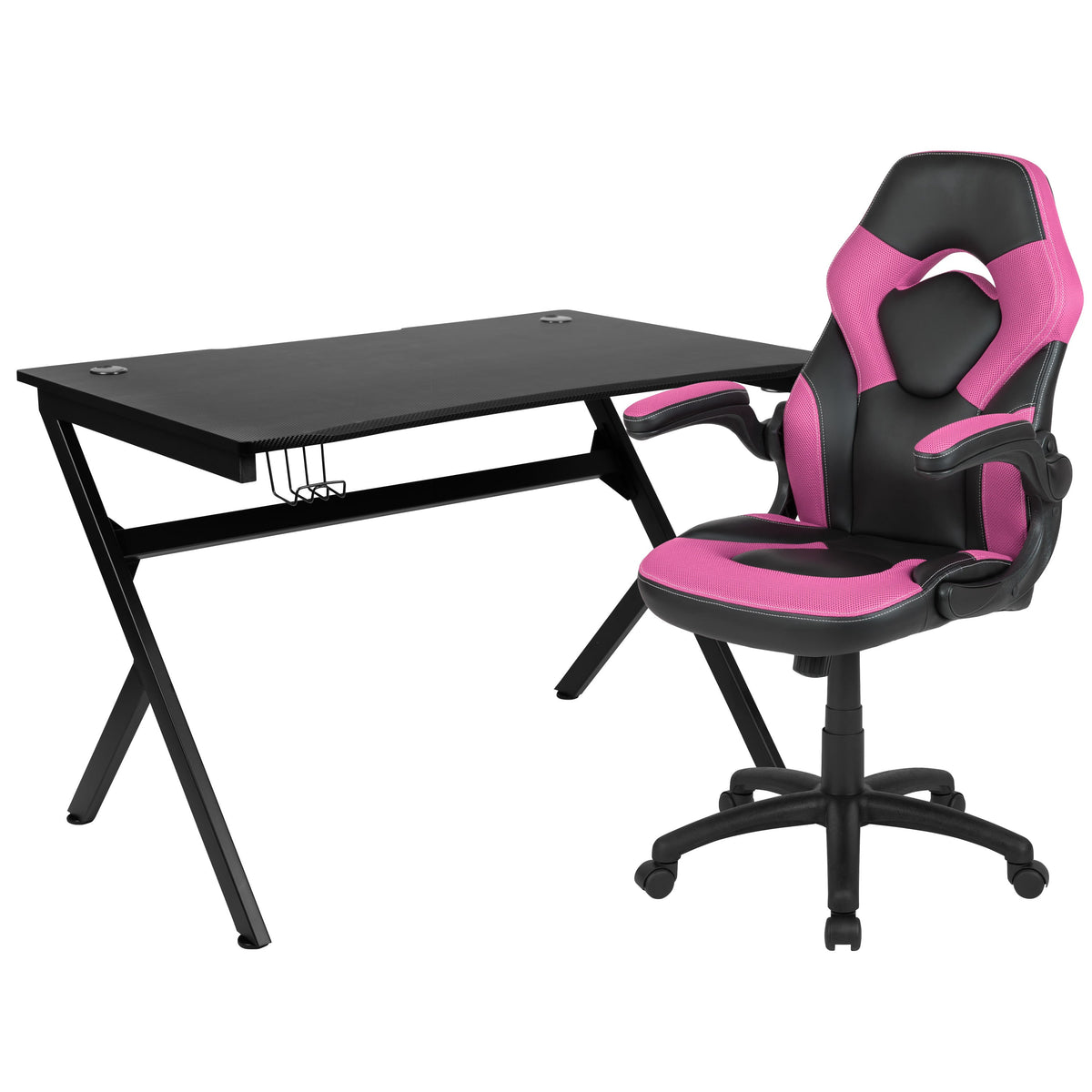 Pink |#| Black/Pink Gaming Desk Bundle - Cup/Headphone Holder, Wire Management