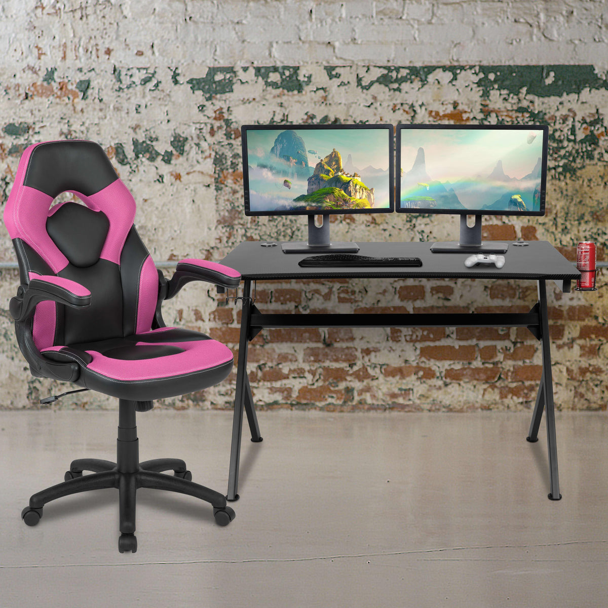 Pink |#| Black/Pink Gaming Desk Bundle - Cup/Headphone Holder, Wire Management