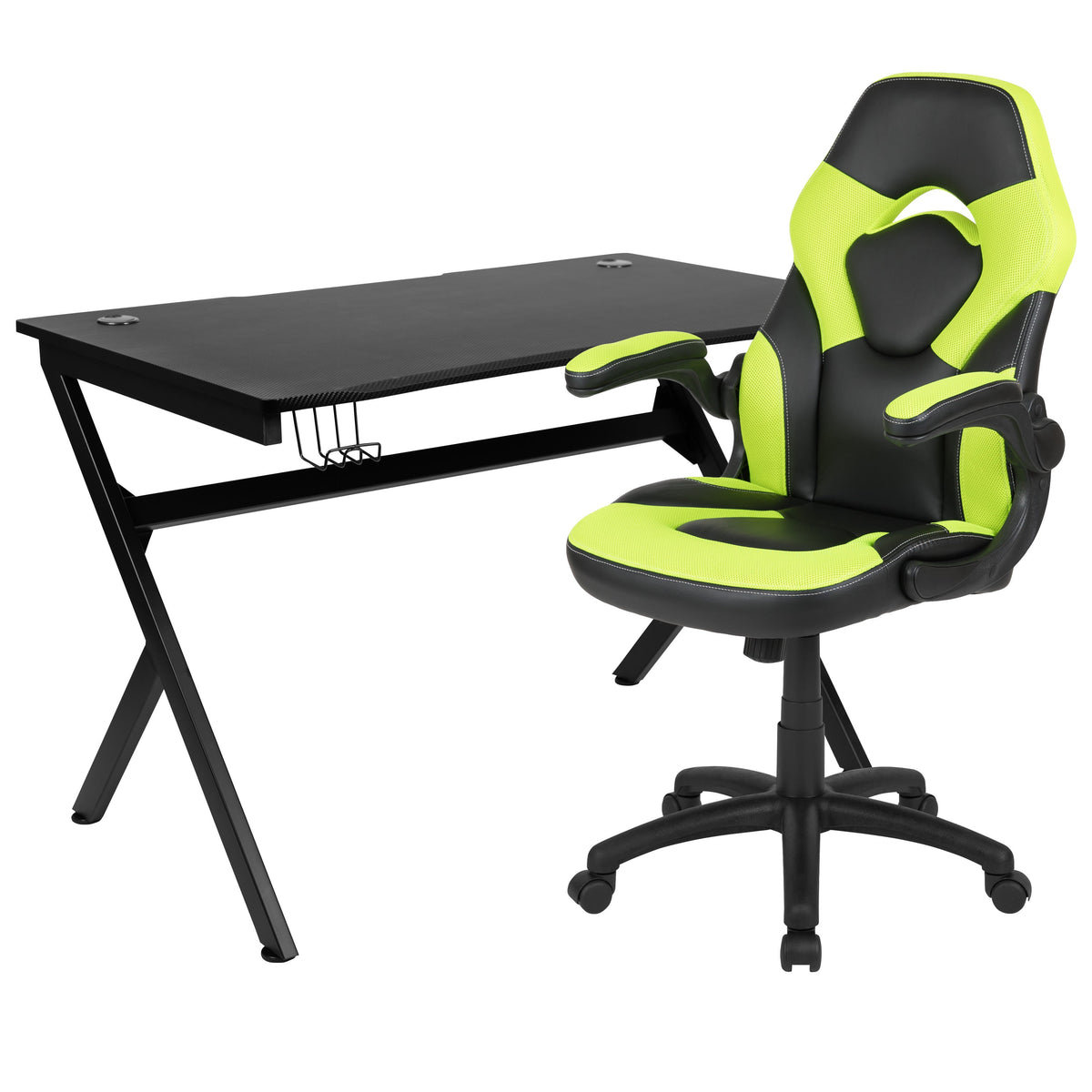 Green |#| Black/Green Gaming Desk Bundle - Cup/Headphone Holders, Wire Management