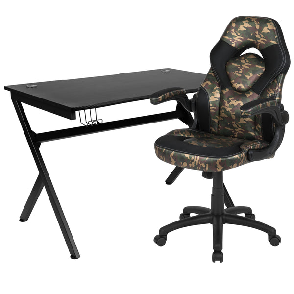 Camouflage |#| Black/Camo Gaming Desk Bundle - Cup/Headphone Holders, Wire Management