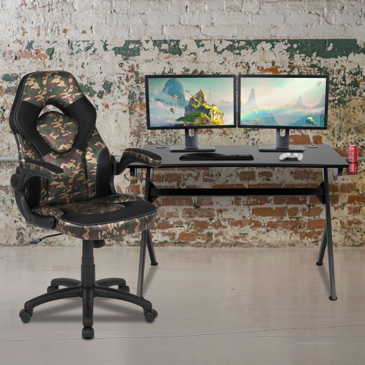 Camouflage |#| Black/Camo Gaming Desk Bundle - Cup/Headphone Holders, Wire Management