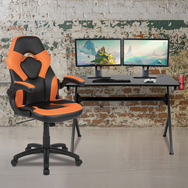 Orange |#| Black/Orange Gaming Desk Bundle - Cup/Headphone Holder, Wire Management