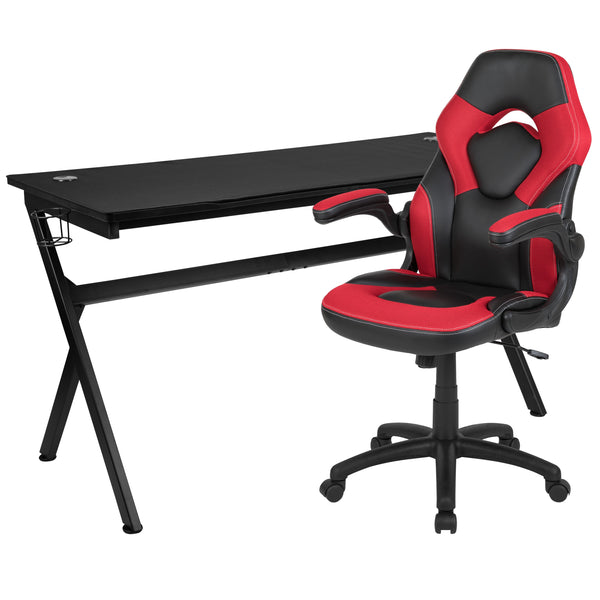 Red |#| Black/Red Gaming Desk Bundle - Cup & Headphone Holders/Mouse Pad Top