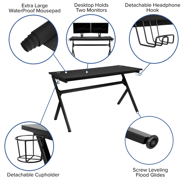 Gray |#| Black/Gray Gaming Desk Bundle - Cup & Headphone Holders/Mouse Pad Top