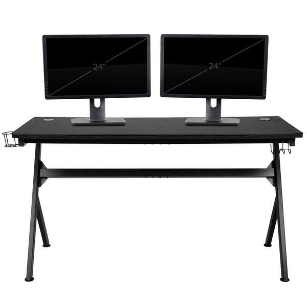 Black |#| Black/Black Gaming Desk Bundle - Cup & Headphone Holders/Mouse Pad Top