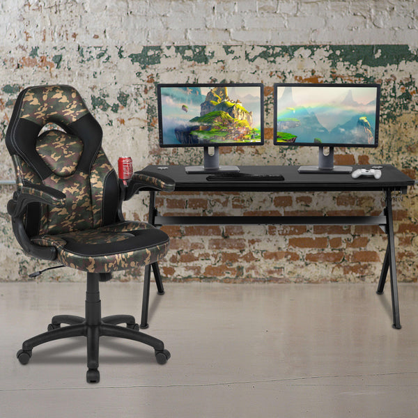 Camouflage |#| Black/Camo Gaming Desk Bundle - Cup & Headphone Holders/Mouse Pad Top