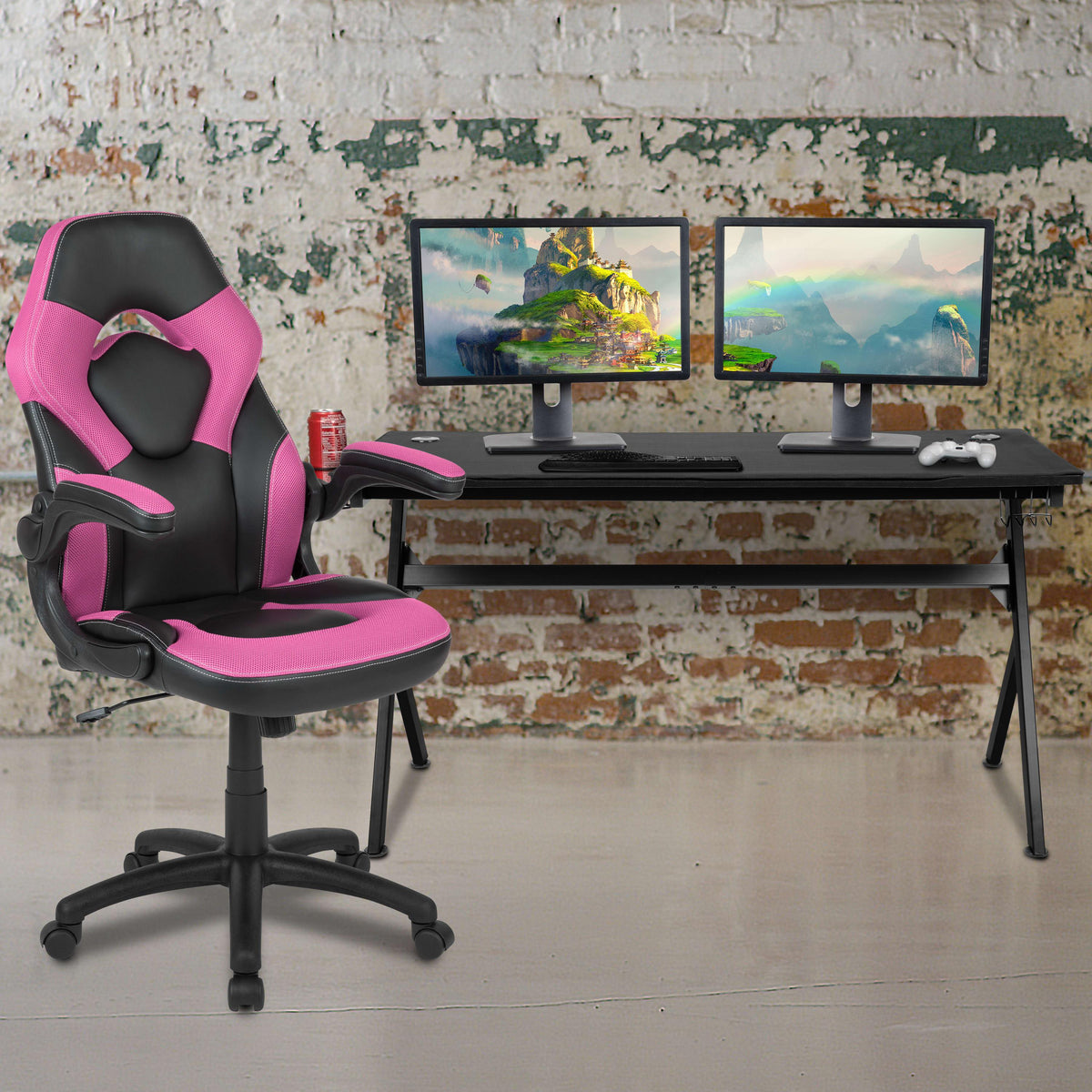 Pink |#| Black/Pink Gaming Desk Bundle - Cup & Headphone Holders/Mouse Pad Top